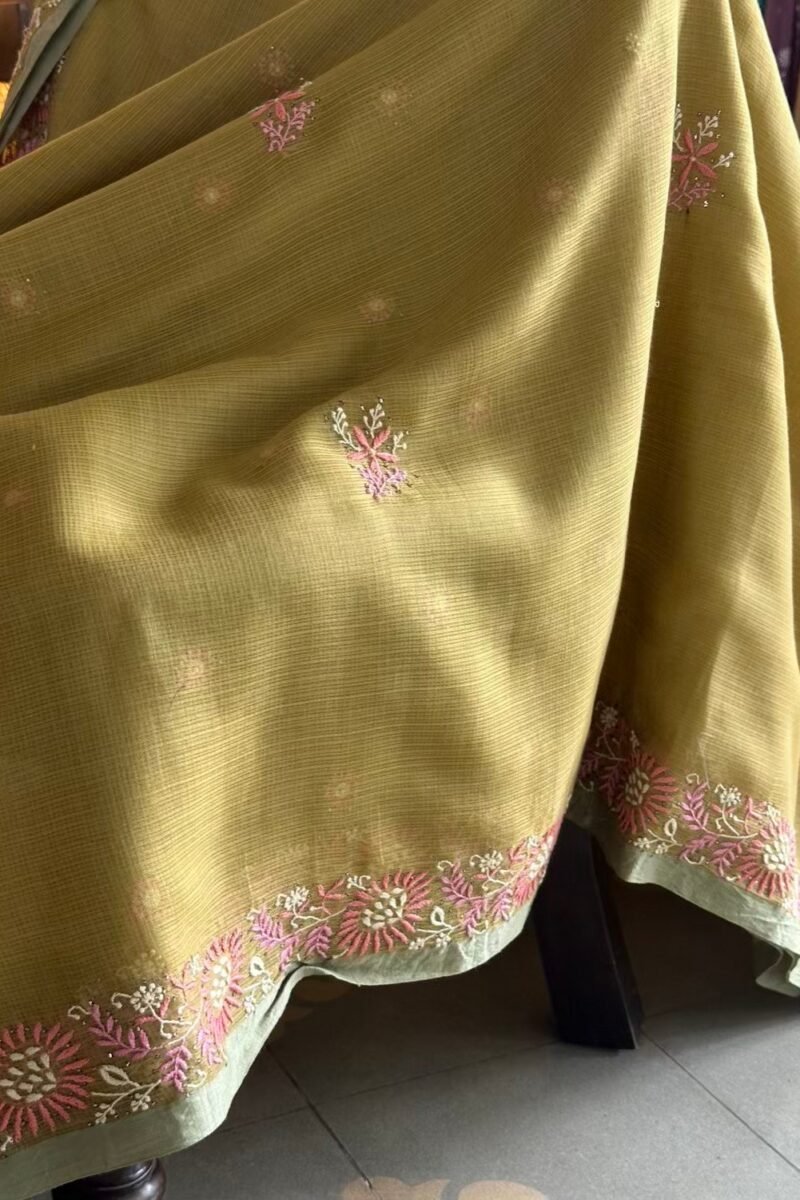 Green Silk Gheecha Palla Kota Chikankari Saree With Mukaish Kamdani