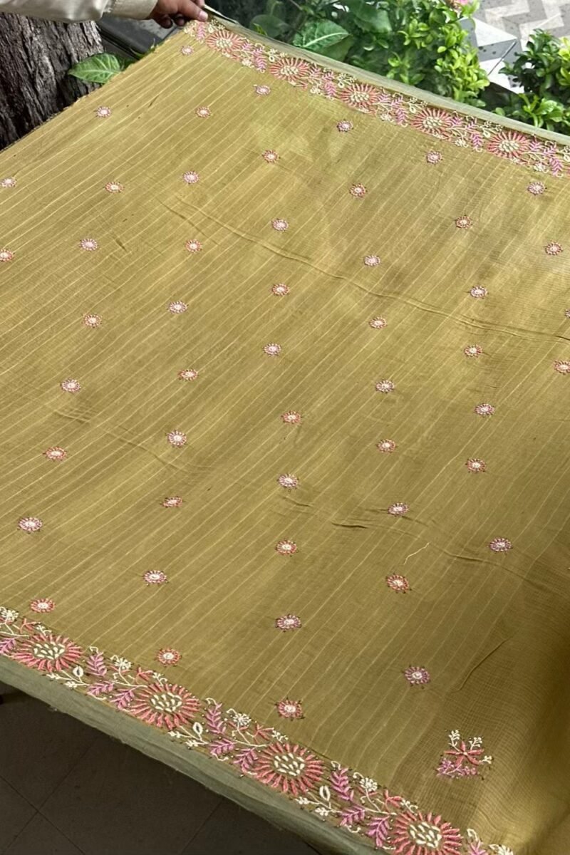 Green Silk Gheecha Palla Kota Chikankari Saree With Mukaish Kamdani