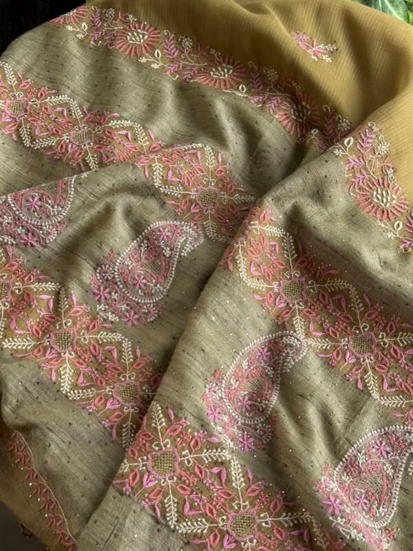 Green Silk Gheecha Palla Kota Chikankari Saree With Mukaish Kamdani - Image 4