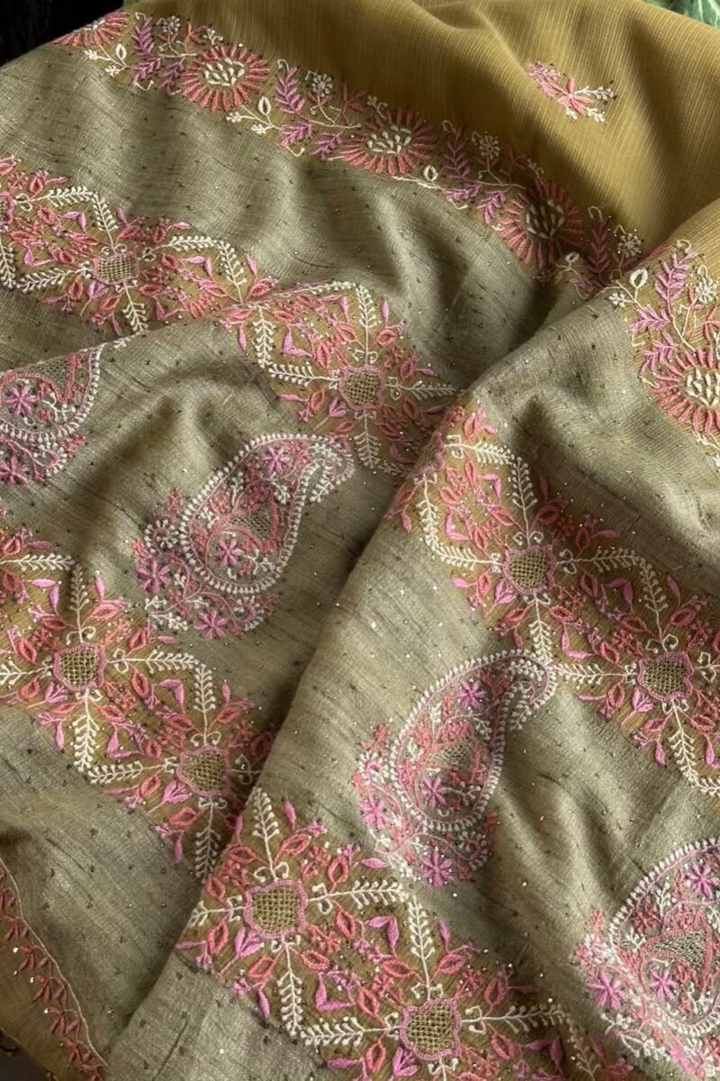 Green Silk Gheecha Palla Kota Chikankari Saree With Mukaish Kamdani