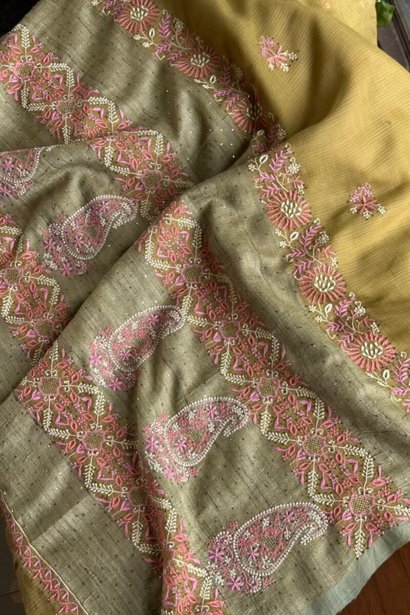 Green Silk Gheecha Palla Kota Chikankari Saree With Mukaish Kamdani