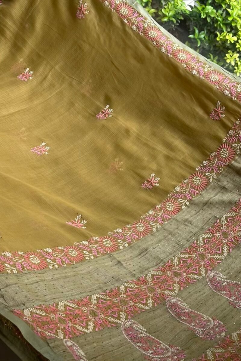 Green Silk Gheecha Palla Kota Chikankari Saree With Mukaish Kamdani