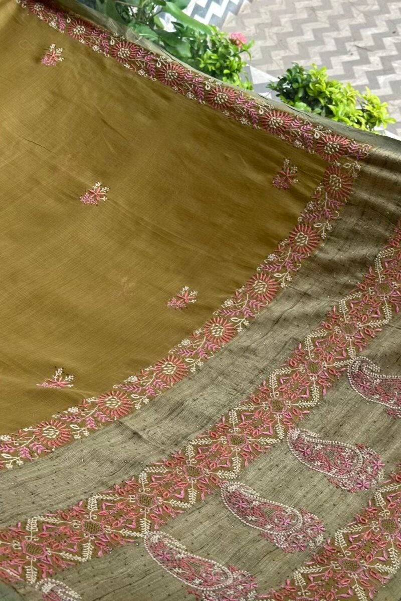 Green Silk Gheecha Palla Kota Chikankari Saree With Mukaish Kamdani
