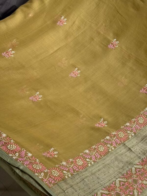 Green Silk Gheecha Palla Kota Chikankari Saree With Mukaish Kamdani - Image 9