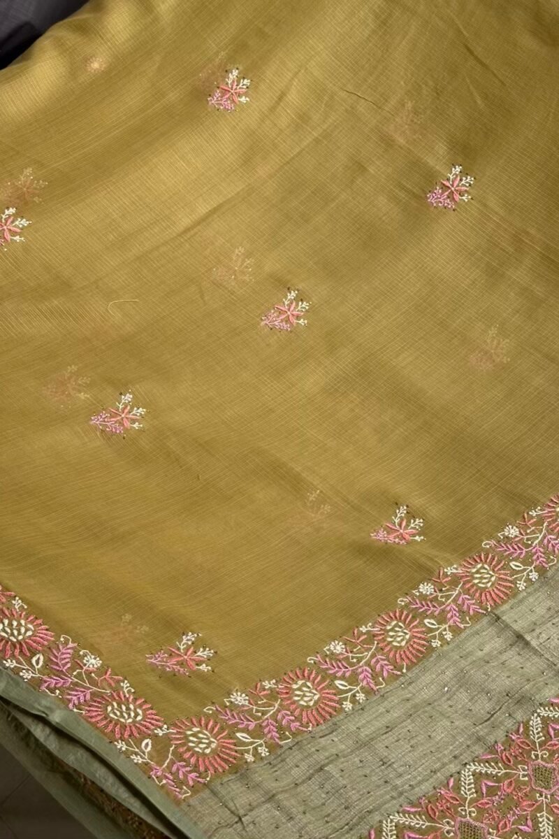 Green Silk Gheecha Palla Kota Chikankari Saree With Mukaish Kamdani