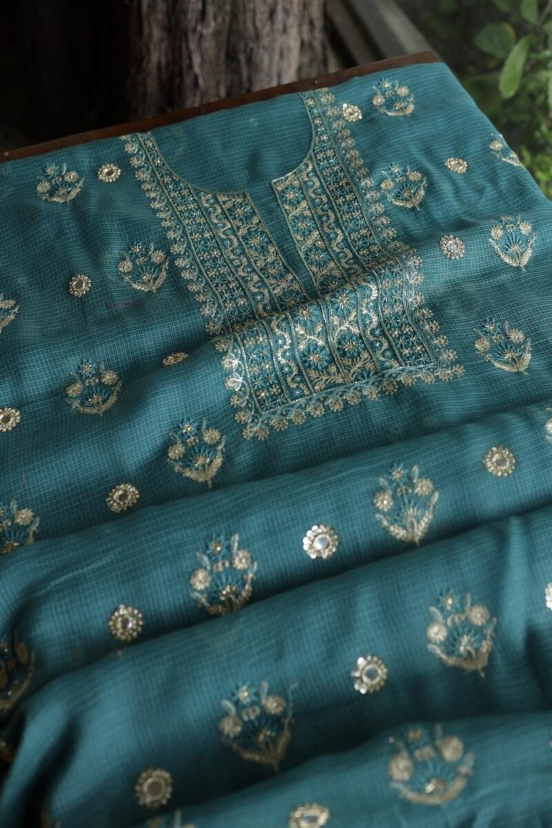 Green Handloom Kota Chikankari With Mirror Work Unstitched Kurta Dupatta Set