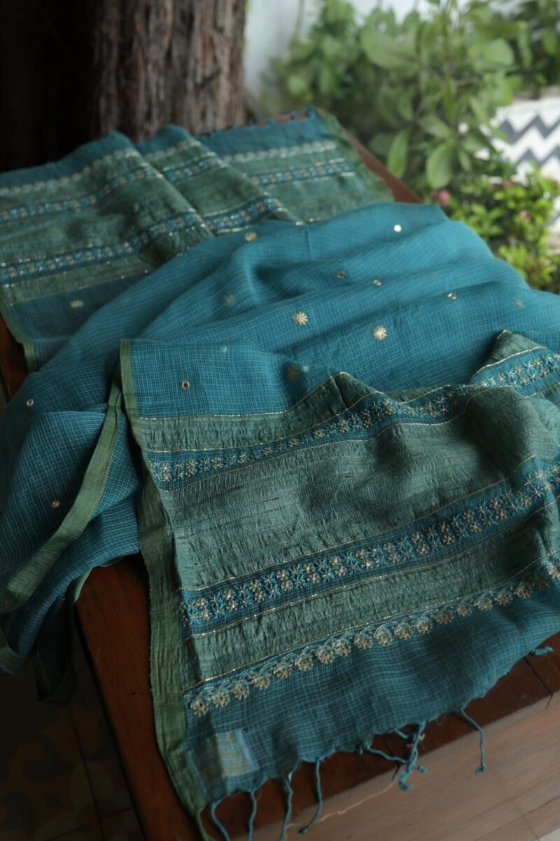 Green Handloom Kota Chikankari With Mirror Work Unstitched Kurta Dupatta Set