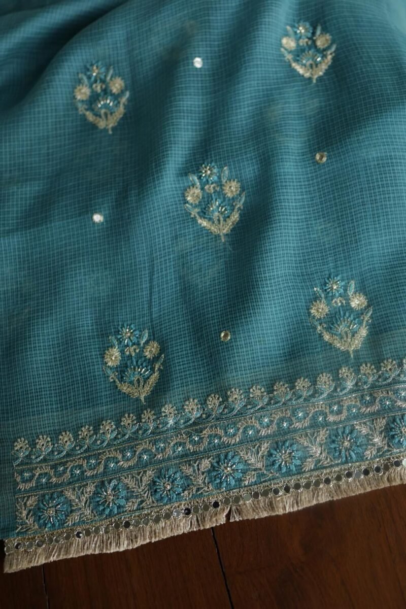 Green Handloom Kota Chikankari With Mirror Work Unstitched Kurta Dupatta Set