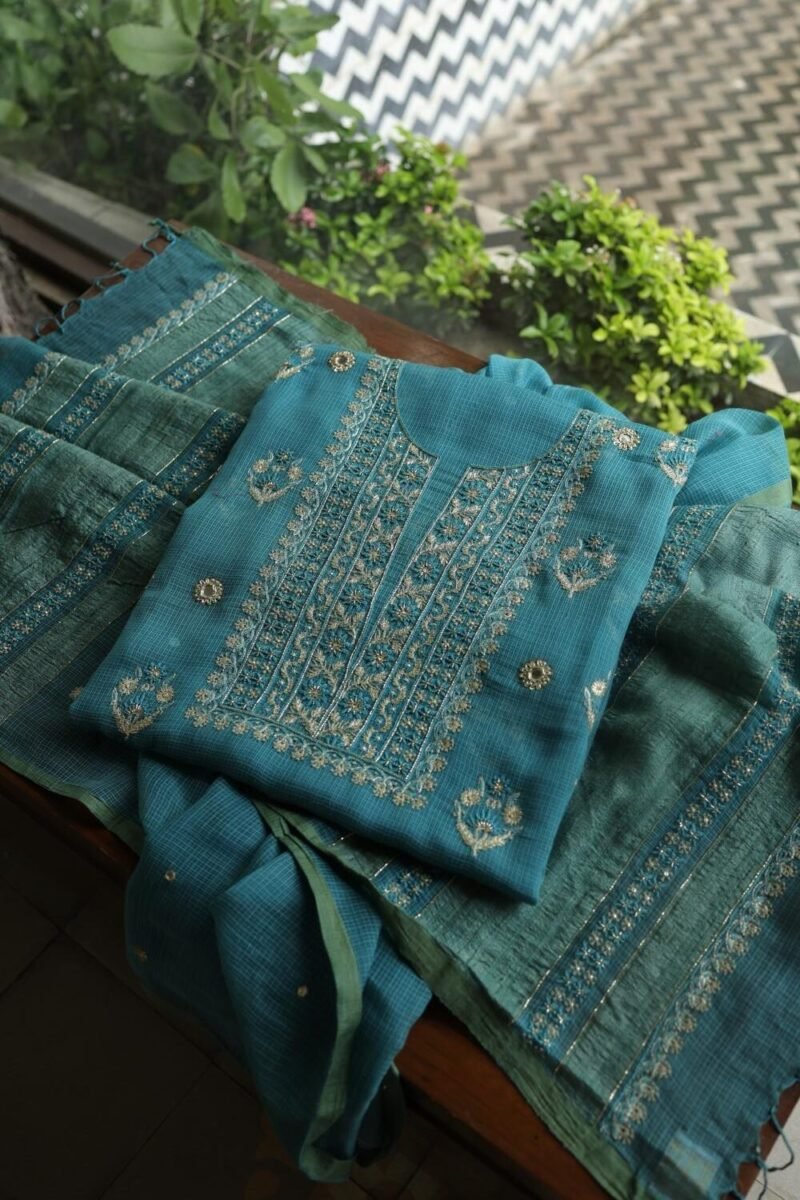 Green Handloom Kota Chikankari With Mirror Work Unstitched Kurta Dupatta Set