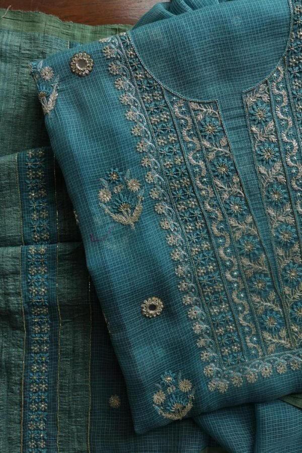 Green Handloom Kota Chikankari With Mirror Work Unstitched Kurta Dupatta Set - Image 4