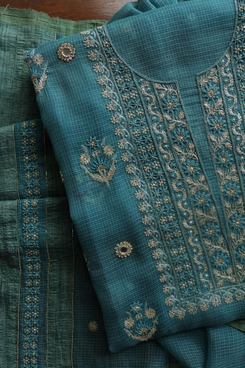 Green Handloom Kota Chikankari With Mirror Work Unstitched Kurta Dupatta Set