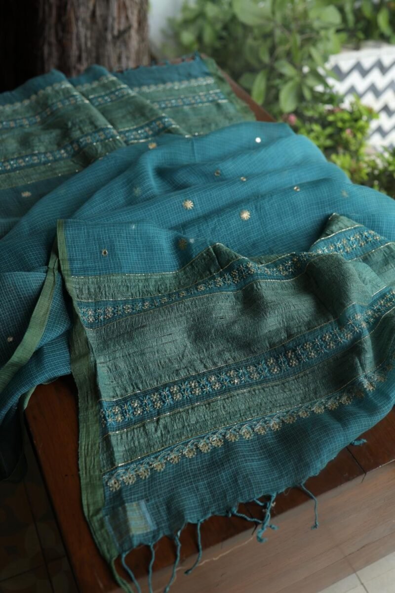 Green Handloom Kota Chikankari With Mirror Work Unstitched Kurta Dupatta Set