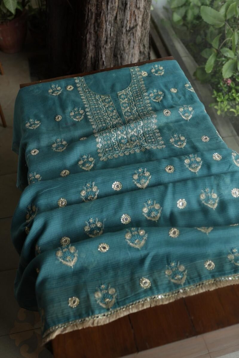 Green Handloom Kota Chikankari With Mirror Work Unstitched Kurta Dupatta Set