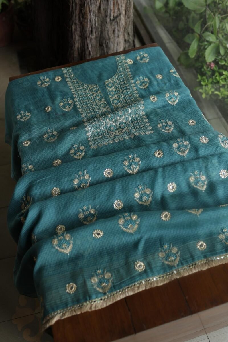 Green Handloom Kota Chikankari With Mirror Work Unstitched Kurta Dupatta Set