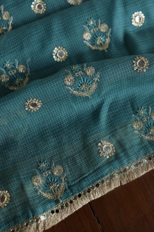 Green Handloom Kota Chikankari With Mirror Work Unstitched Kurta Dupatta Set - Image 12