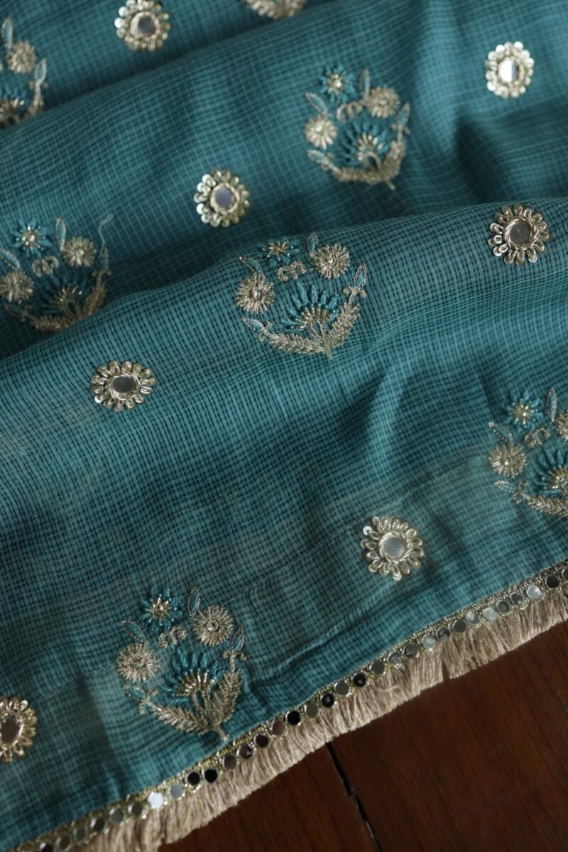 Green Handloom Kota Chikankari With Mirror Work Unstitched Kurta Dupatta Set