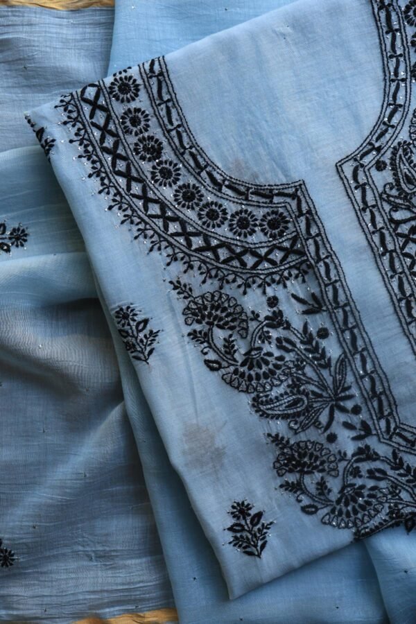 Grey & Black Mal Cotton Chikankari Unstitched Kurta Dupatta Fabrics With Kamdani - Image 2