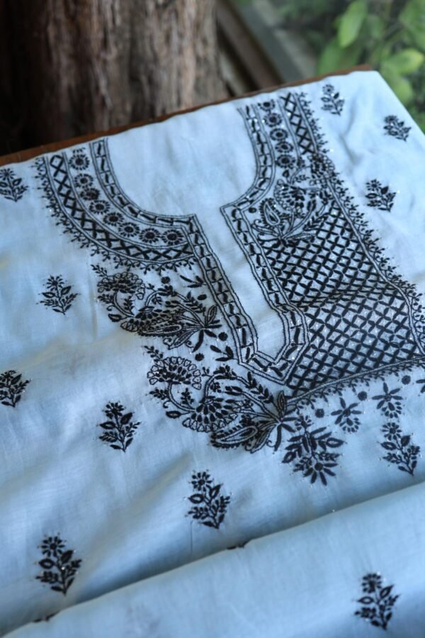 Grey & Black Mal Cotton Chikankari Unstitched Kurta Dupatta Fabrics With Kamdani - Image 6