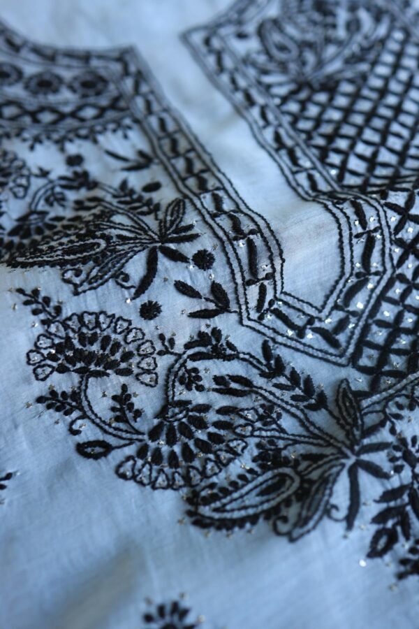 Grey & Black Mal Cotton Chikankari Unstitched Kurta Dupatta Fabrics With Kamdani - Image 7