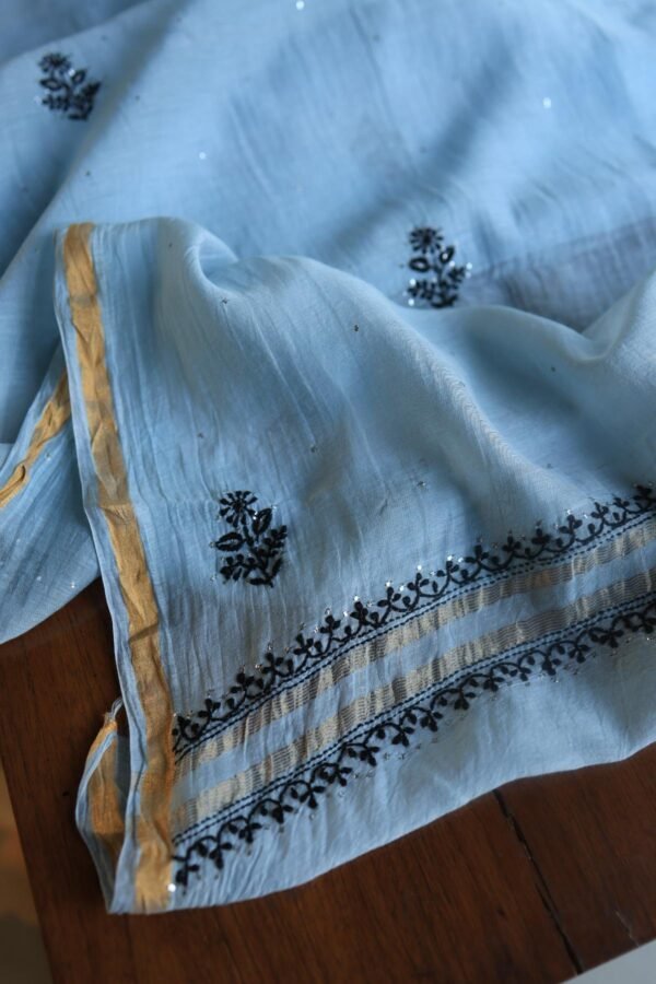 Grey & Black Mal Cotton Chikankari Unstitched Kurta Dupatta Fabrics With Kamdani - Image 10