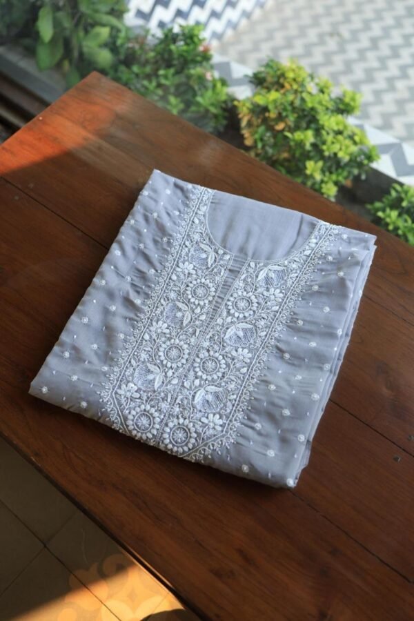 Grey Cotton Chikankari Unstitched Kurta Fabrics - Image 8