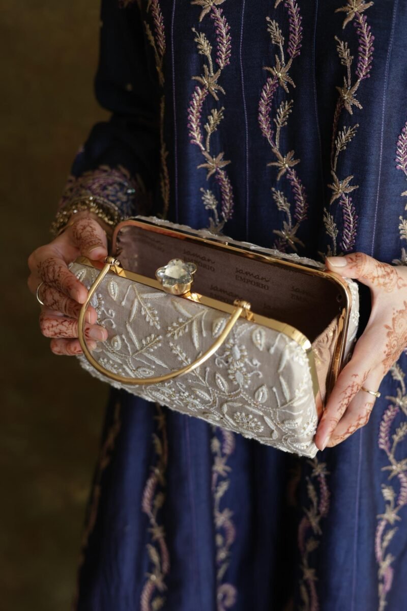 Grey Floral Motif Chikankari Linen Handle Sling Clutch