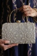 Grey Floral Motif Chikankari Linen Handle Sling Clutch