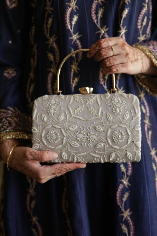 Grey Floral Motif Chikankari Linen Handle Sling Clutch - Image 6