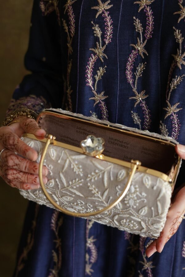 Grey Floral Motif Chikankari Linen Handle Sling Clutch - Image 7
