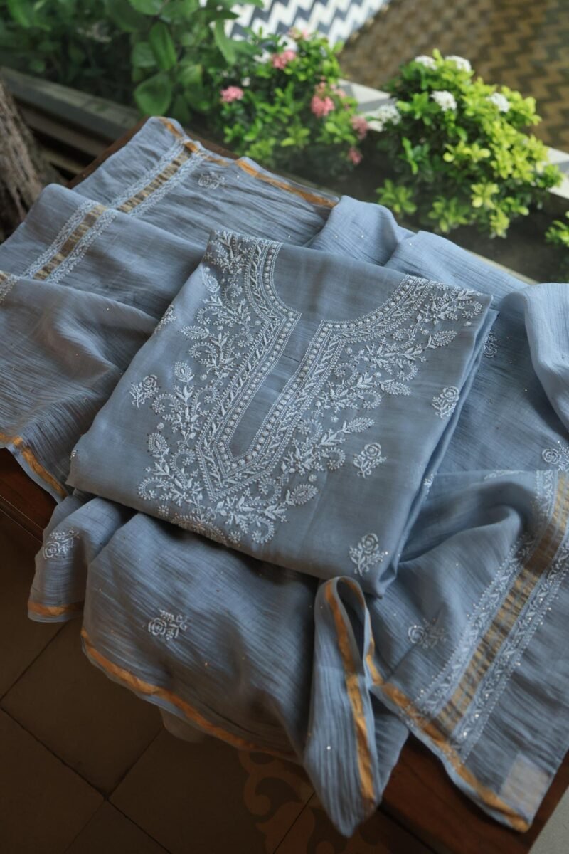 Grey Mal Cotton Chikankari Unstitched Kurta Dupatta Fabrics With Kamdani