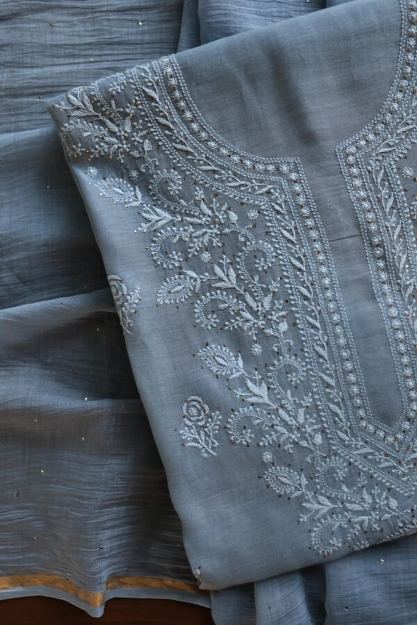 Grey Mal Cotton Chikankari Unstitched Kurta Dupatta Fabrics With Kamdani - Image 12