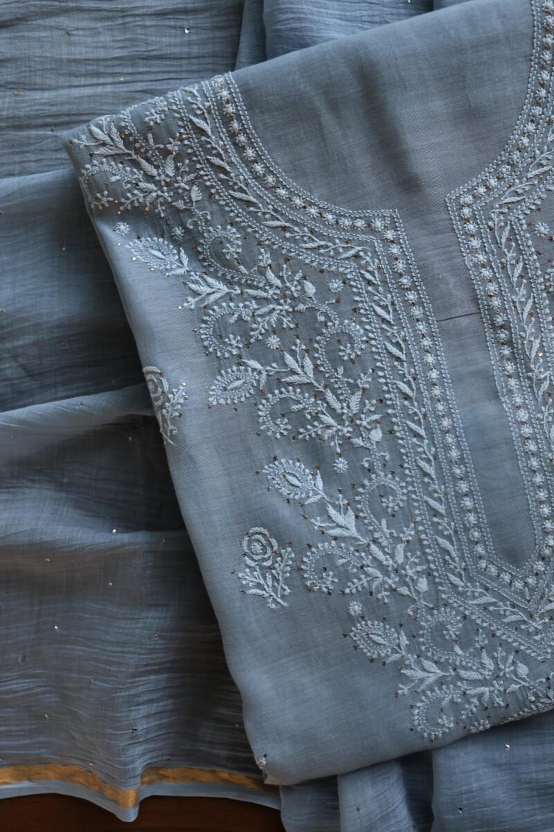 Grey Mal Cotton Chikankari Unstitched Kurta Dupatta Fabrics With Kamdani