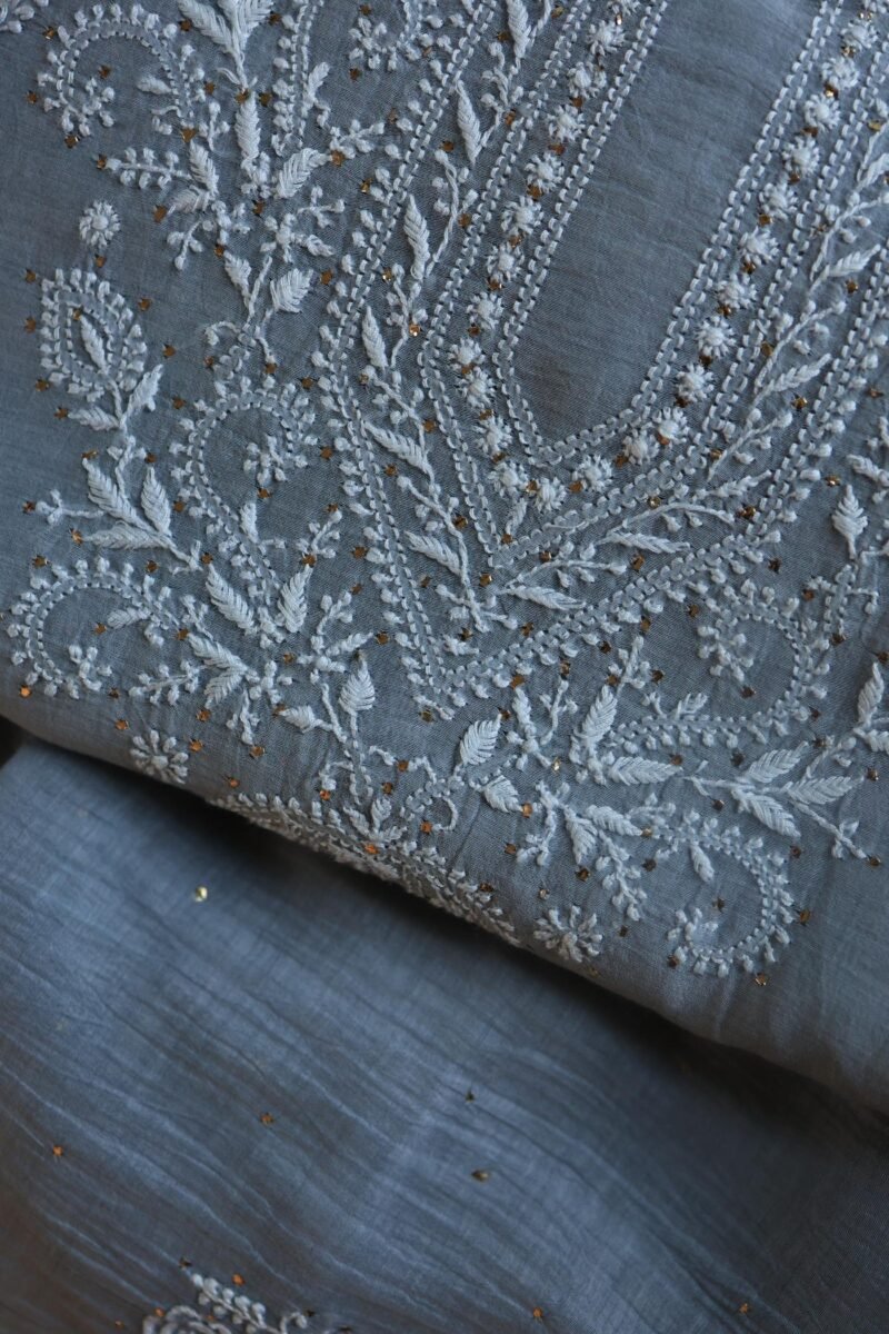 Grey Mal Cotton Chikankari Unstitched Kurta Dupatta Fabrics With Kamdani
