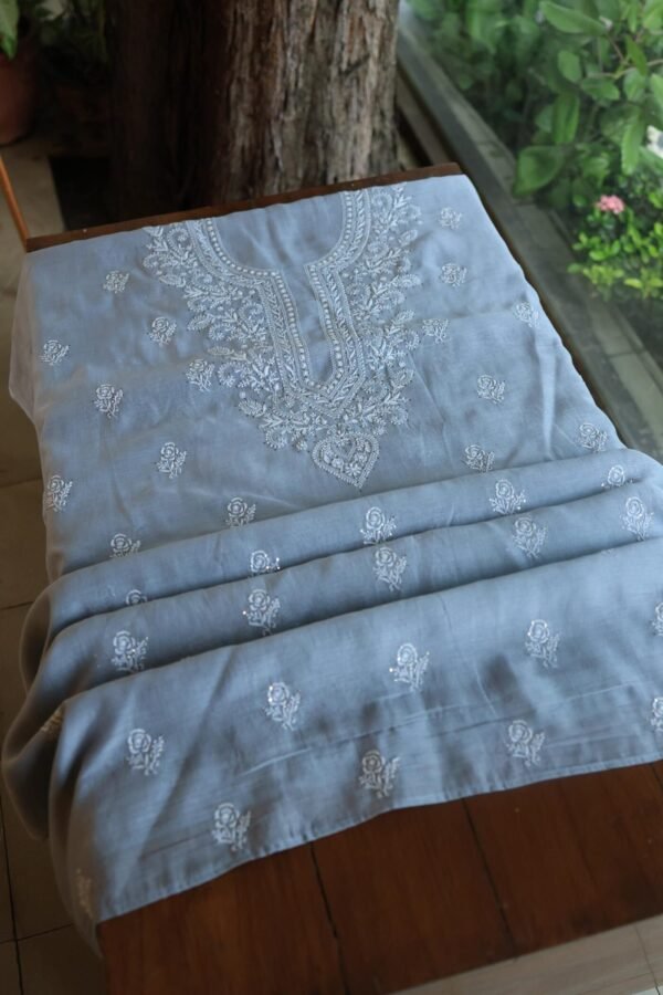 Grey Mal Cotton Chikankari Unstitched Kurta Dupatta Fabrics With Kamdani - Image 3