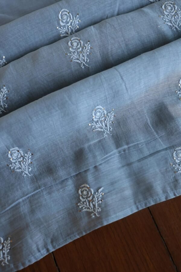 Grey Mal Cotton Chikankari Unstitched Kurta Dupatta Fabrics With Kamdani - Image 13