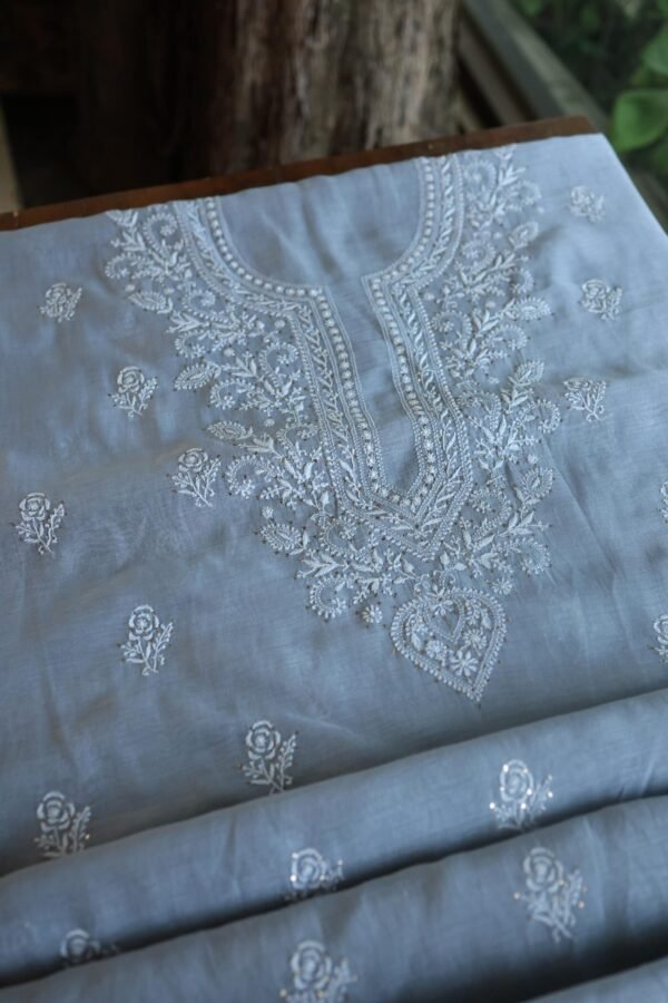 Grey Mal Cotton Chikankari Unstitched Kurta Dupatta Fabrics With Kamdani - Image 4