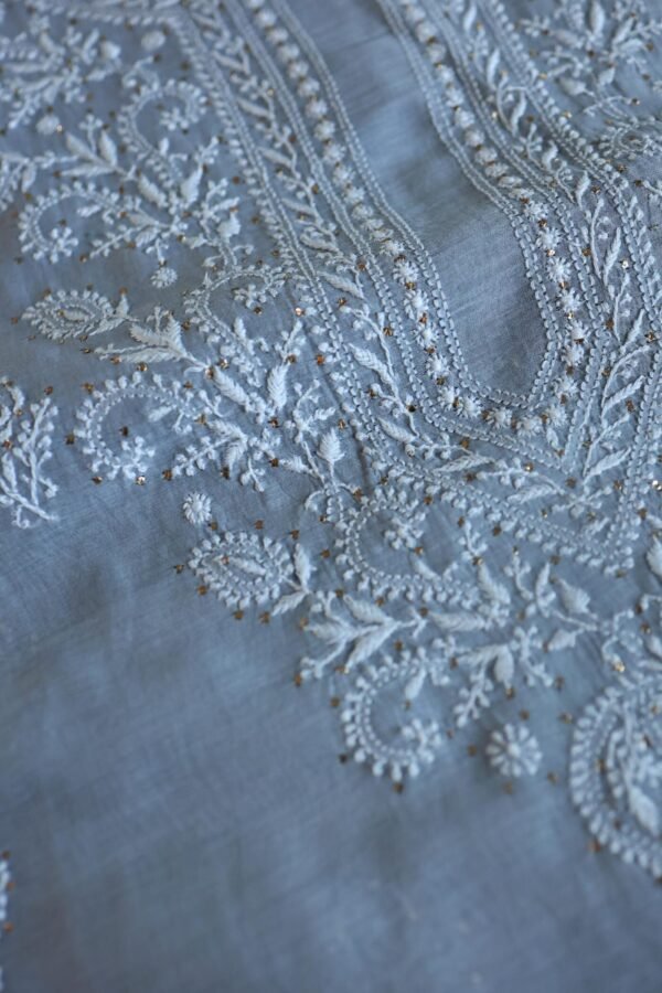 Grey Mal Cotton Chikankari Unstitched Kurta Dupatta Fabrics With Kamdani - Image 5