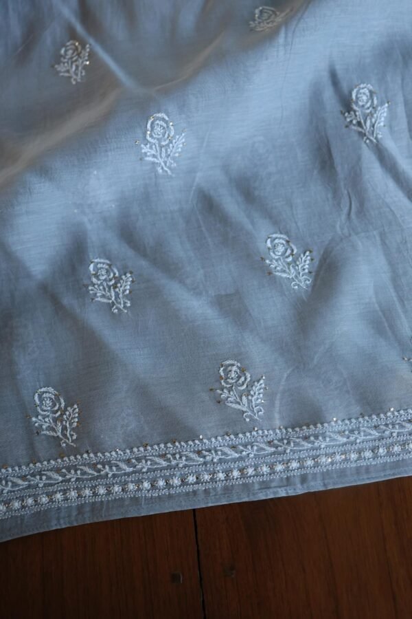 Grey Mal Cotton Chikankari Unstitched Kurta Dupatta Fabrics With Kamdani - Image 6