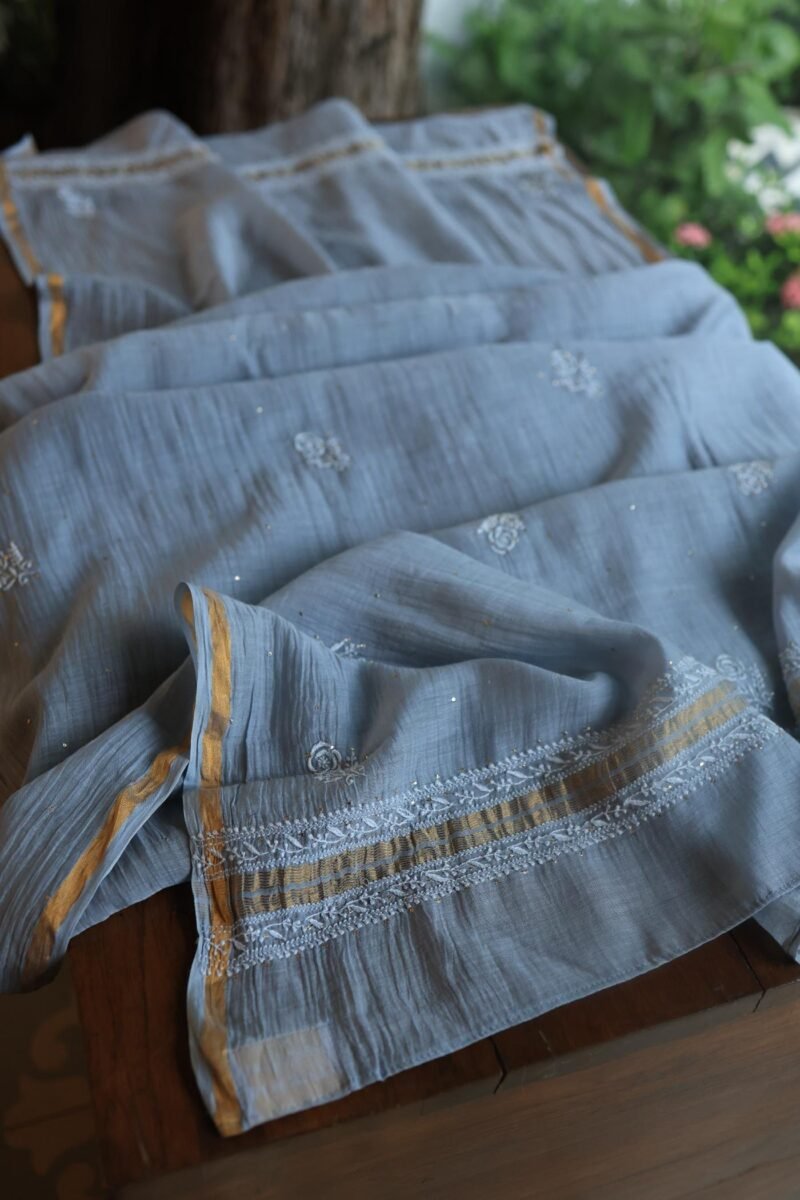 Grey Mal Cotton Chikankari Unstitched Kurta Dupatta Fabrics With Kamdani