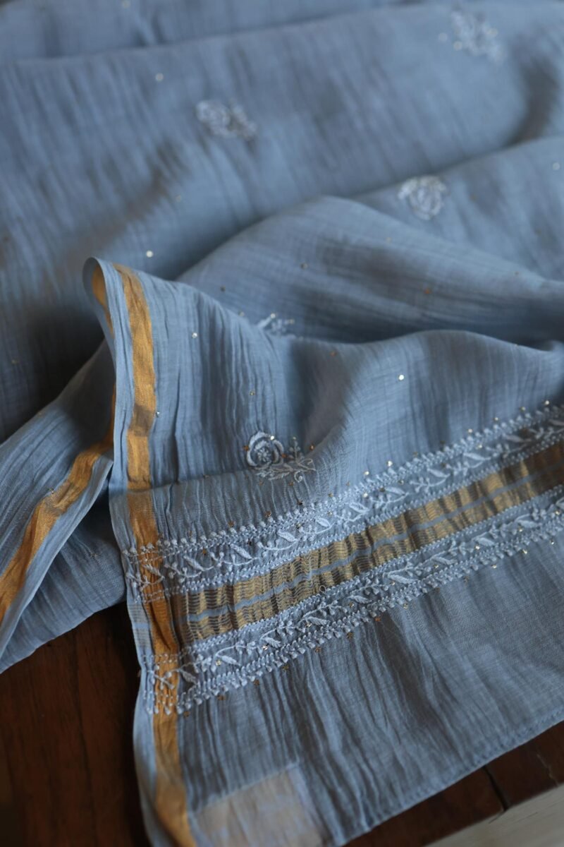 Grey Mal Cotton Chikankari Unstitched Kurta Dupatta Fabrics With Kamdani