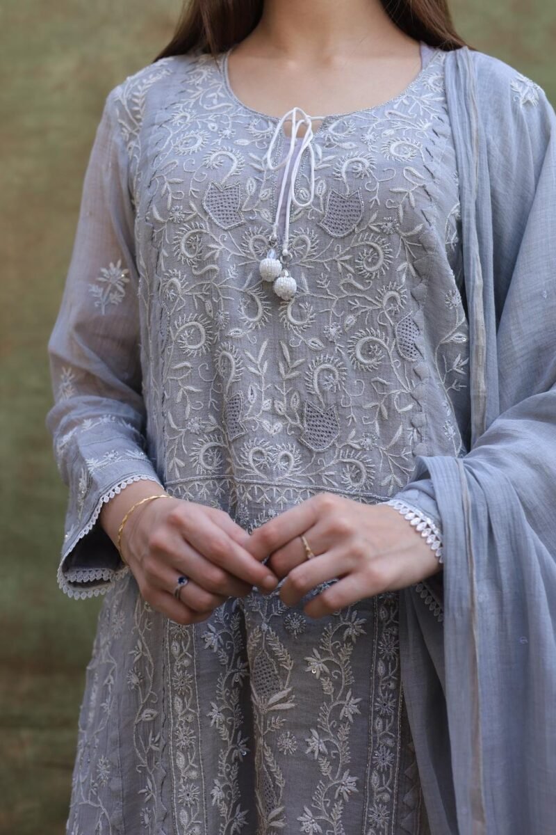 Grey Shade Tissue Silk Chikankari Straight Cut Kurta Dupatta Set
