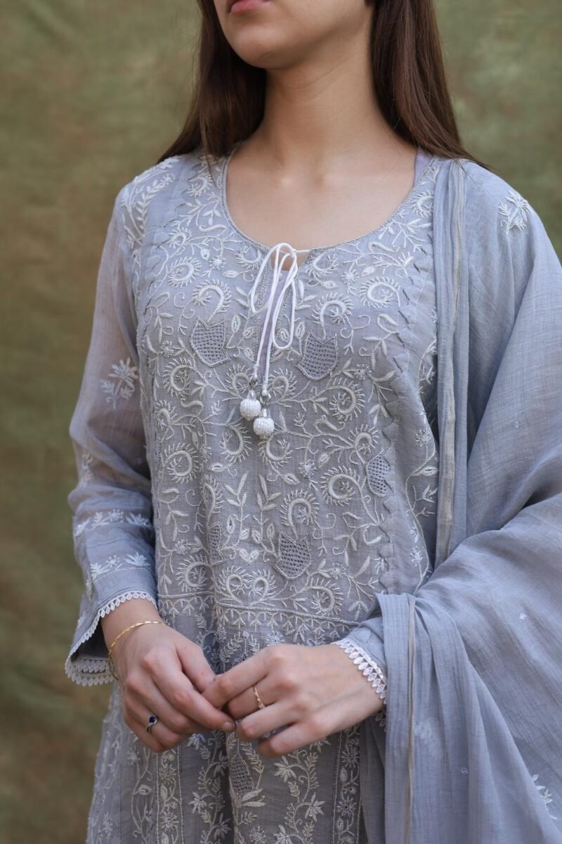 Grey Shade Tissue Silk Chikankari Straight Cut Kurta Dupatta Set