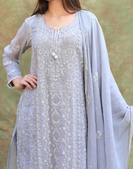 Grey Shade Tissue Silk Chikankari Straight Cut Kurta Dupatta Set