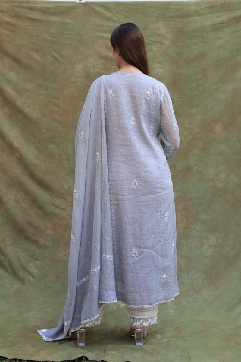 Grey Shade Tissue Silk Chikankari Straight Cut Kurta Dupatta Set
