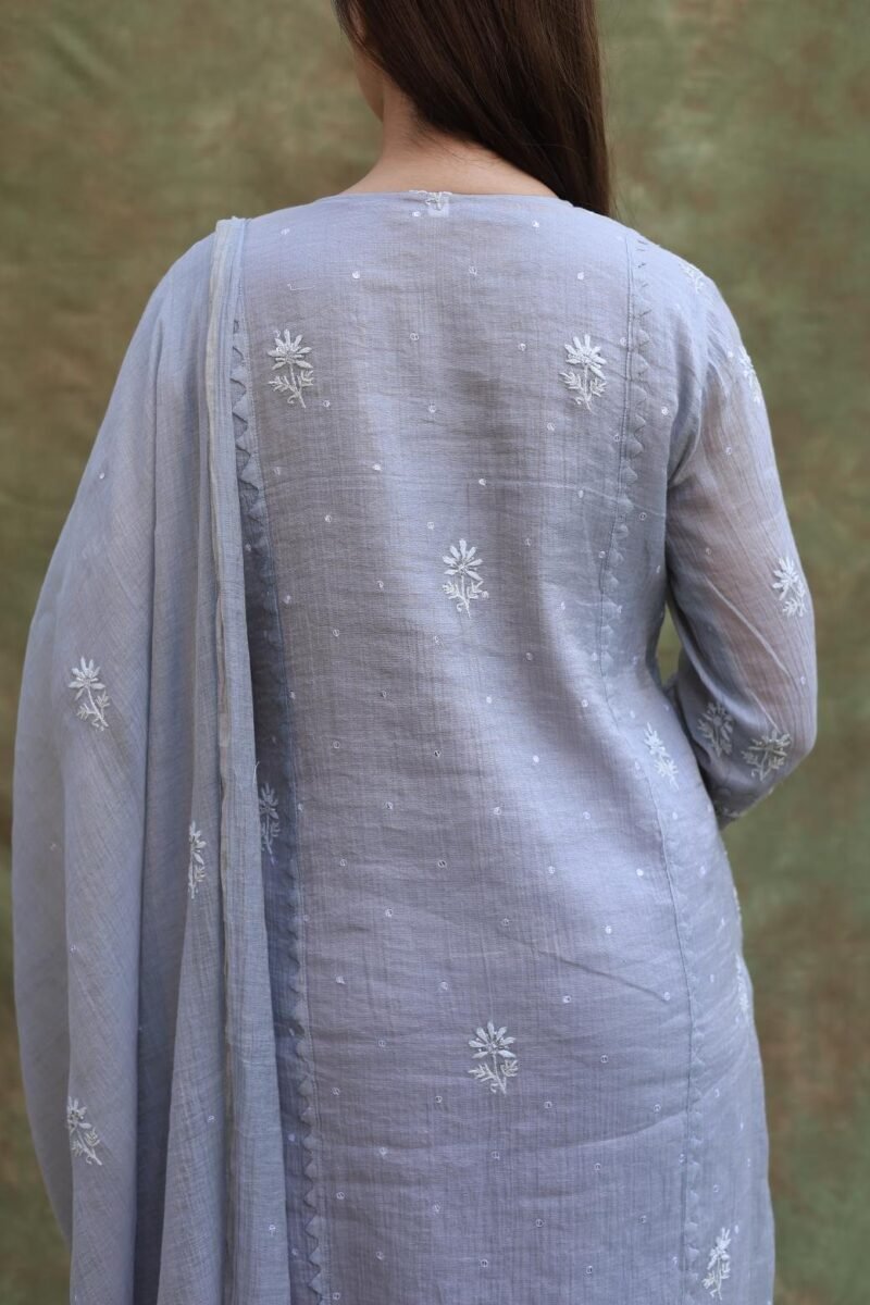 Grey Shade Tissue Silk Chikankari Straight Cut Kurta Dupatta Set