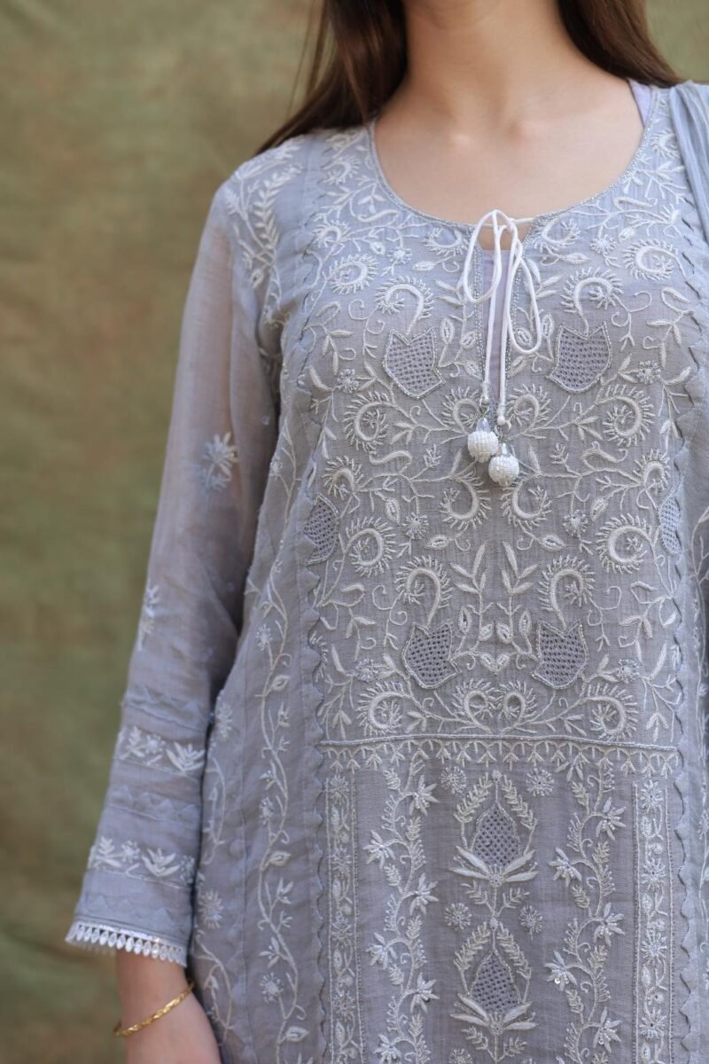 Grey Shade Tissue Silk Chikankari Straight Cut Kurta Dupatta Set
