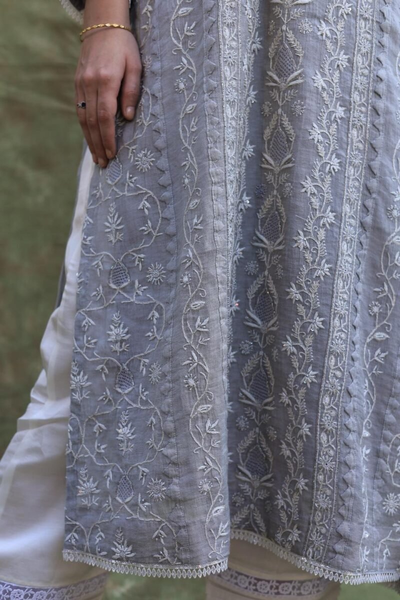 Grey Shade Tissue Silk Chikankari Straight Cut Kurta Dupatta Set