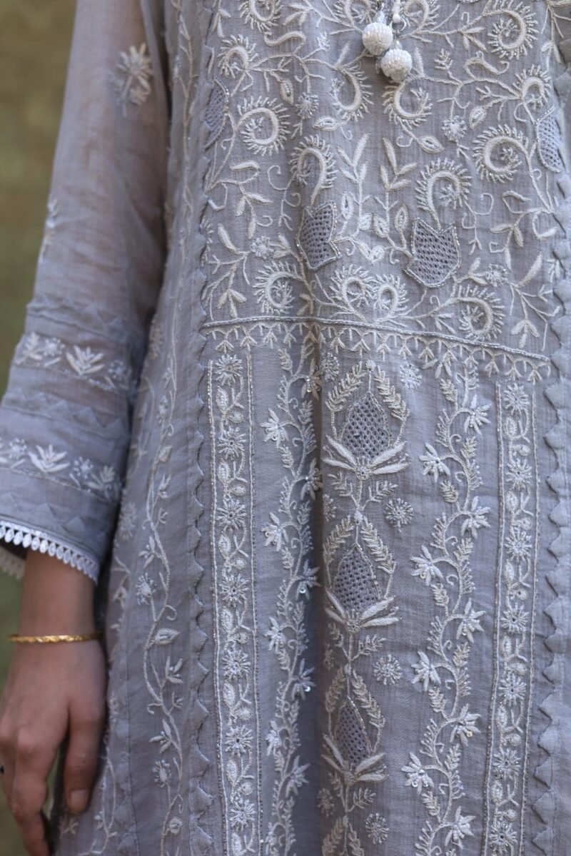 Grey Shade Tissue Silk Chikankari Straight Cut Kurta Dupatta Set