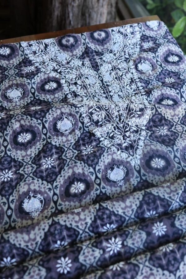 Grey & White Soft Cotton Printed Unstitched Kurta Dupatta Set with Chikankari & Sequin Work - Image 10