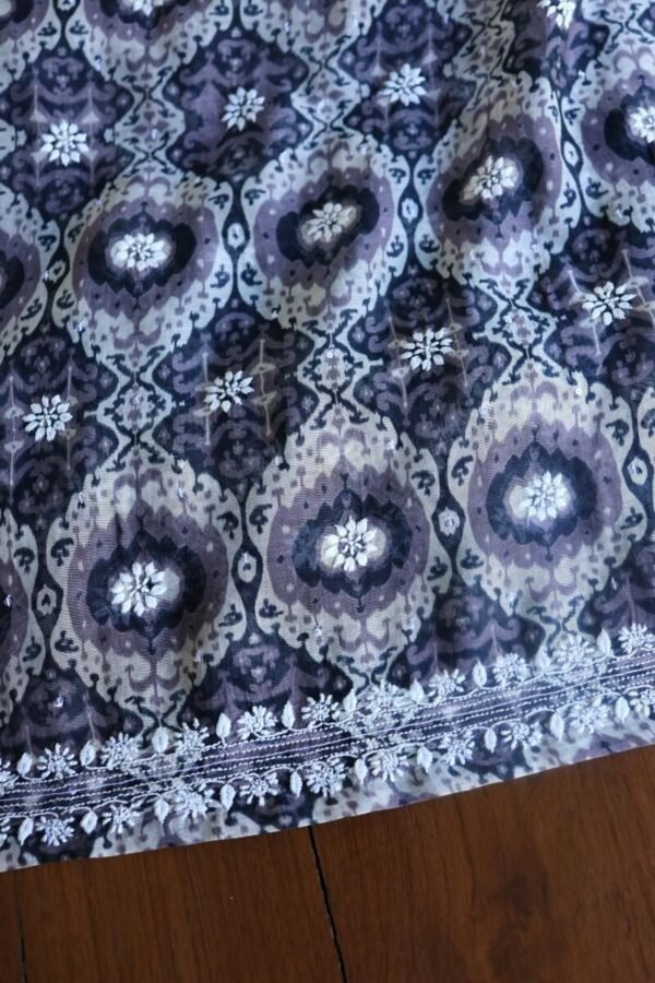 Grey & White Soft Cotton Printed Unstitched Kurta Dupatta Set with Chikankari & Sequin Work - Image 14